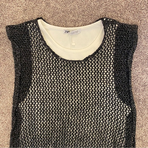 ZARA Women's Layered Top White w/ Black Metallic Sequined Mesh Size M - NWT $39 - Picture 3 of 15